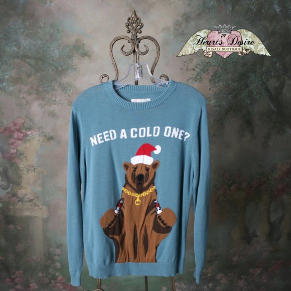 Mossimo Supply Co. Other - Mossimo Mens LG Ugly Christmas Sweater Gangster Bear Santa Hat Need a Cold One